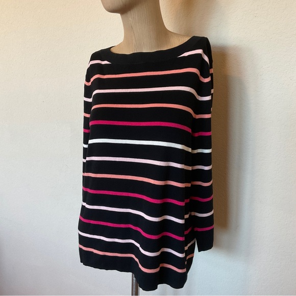 Talbots NWOT Striped Boat Neck Cotton Sweater Black Pink Button Back Detail XLP - Picture 9 of 16